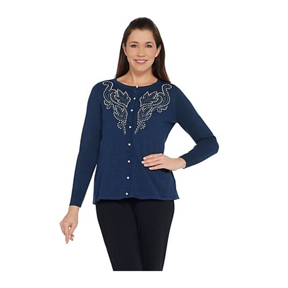 Bob Mackie Scroll Design Pearl Embellished Cardigan- Navy- Small -NEW